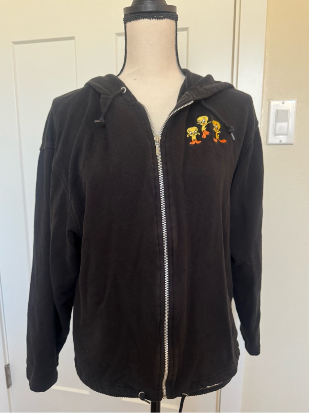 Vintage 1998 Warner Bros Tweety Bird Character Black Zip-Up Hoodie Jacket